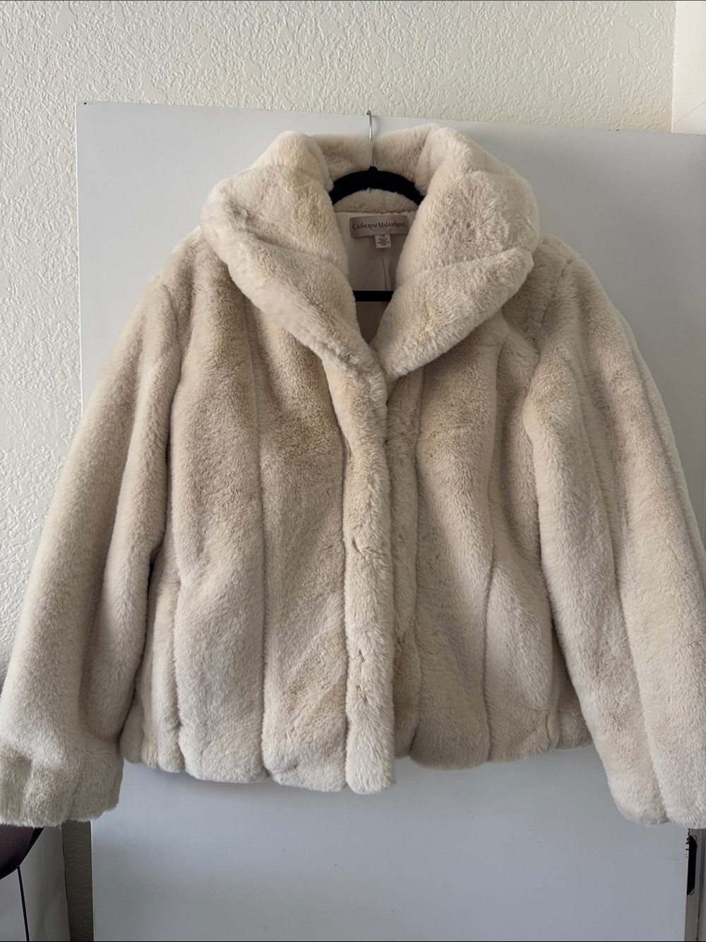 Catherine Malandrino Cream Plush Teddy Coat with Shawl Collar